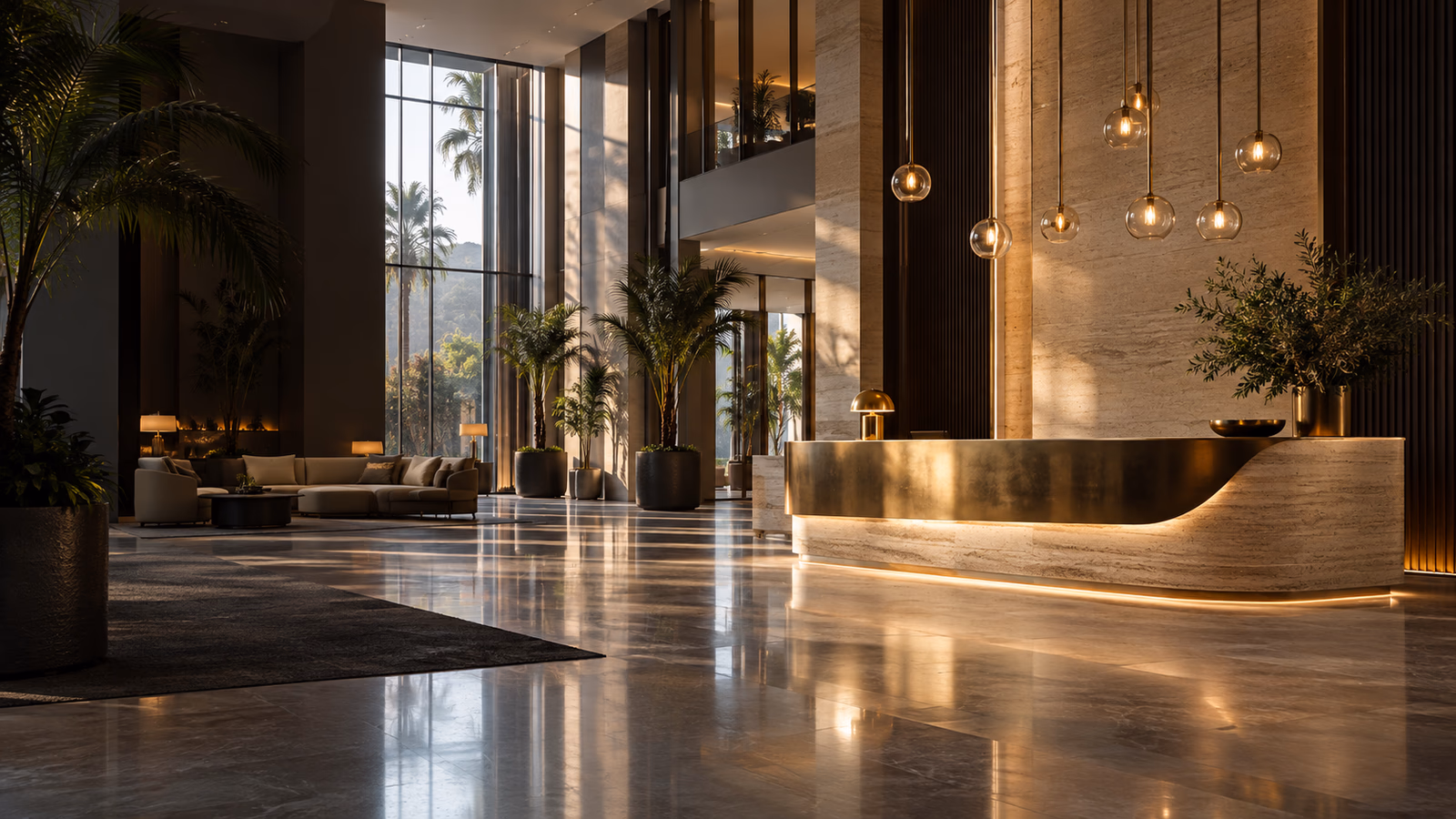 Filmische Luxushotellobby mit Marmorempfang und warmen Pendelleuchten
