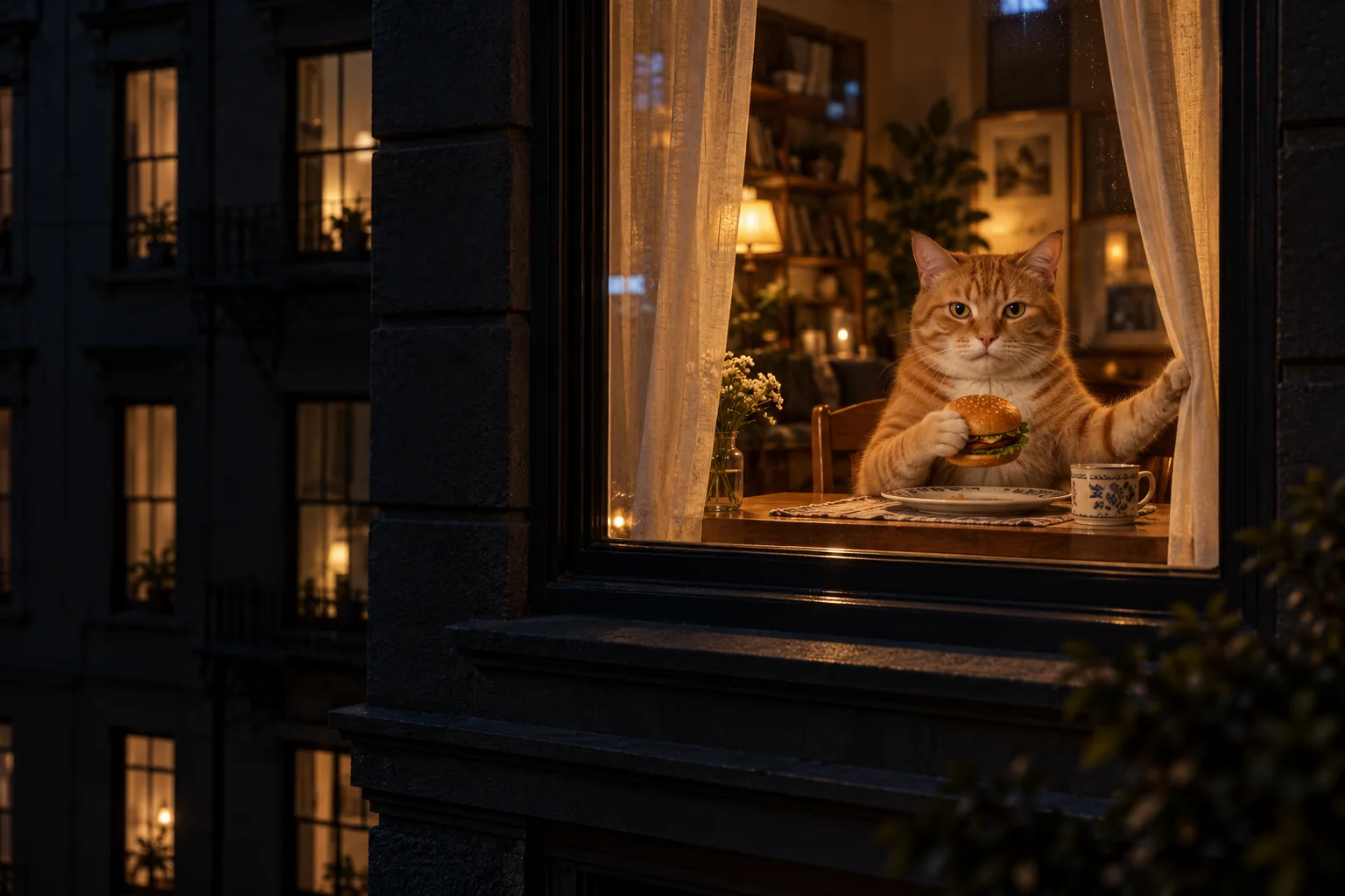Illustrazione concettuale IA di un gatto arancione con un hamburger alla finestra di un appartamento illuminato da luce calda, di notte.